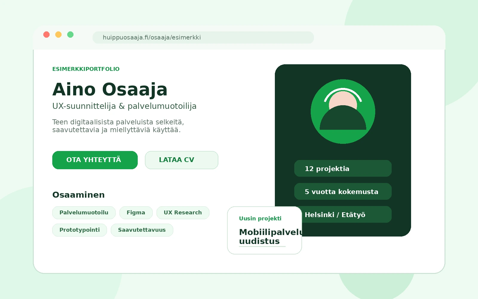 Esimerkkikuva Huippuosaaja.fi-palveluun rakennetusta osaajaportfoliosta